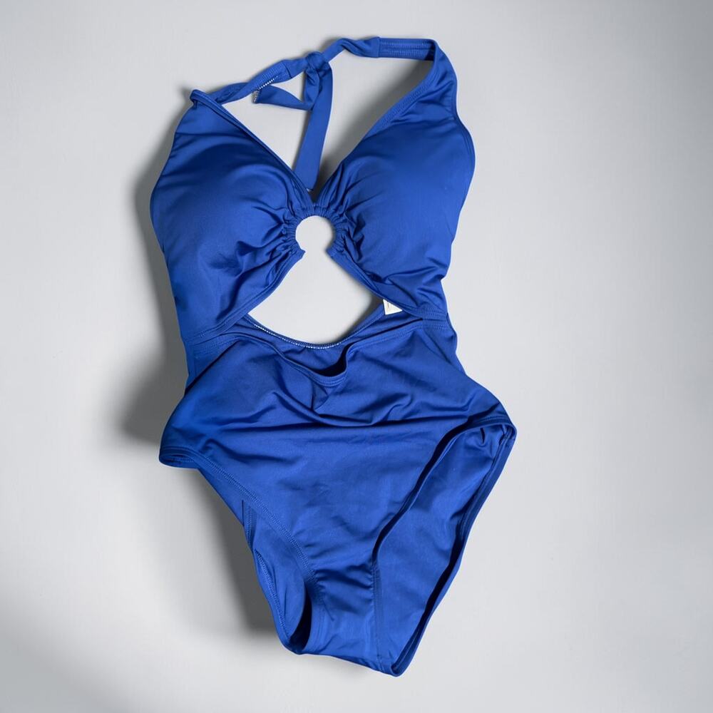 Michael Kors Gold O-Ring Halter One Piece Blue Swimsuit Size 10